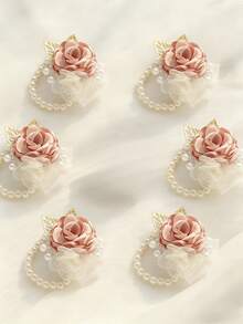 1pc/6pcs Elegant Rose Flower With Lace Petals, Beaded Leaves Decor, European & Korean Style Pearl Chain Wrist Corsage, Suitable For Bride, Bridesmaid, Mother Of The Bride, Wedding, Party, Anniversary, Corporate Event,Summer,Beach,Festival,Birthday - Baby Pink - View 6
