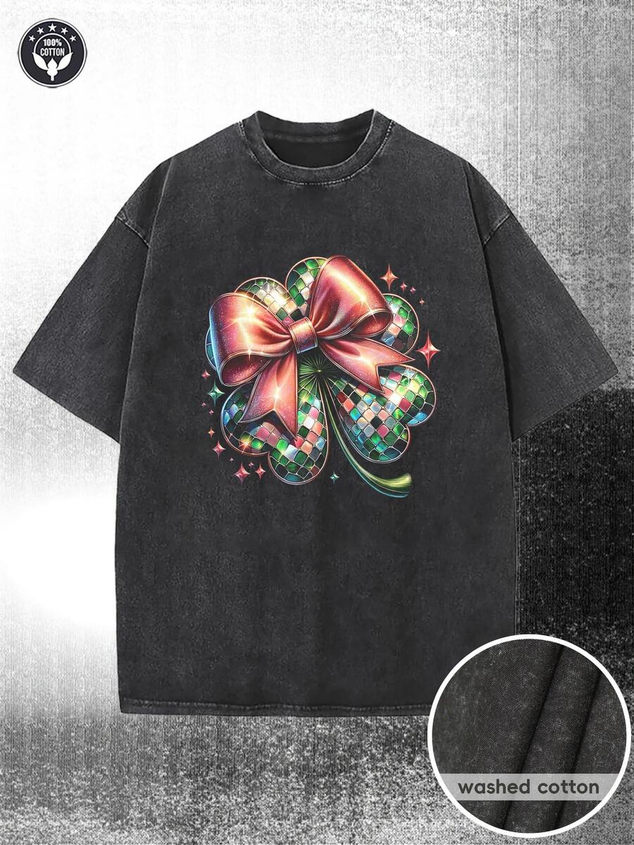 Camiseta lavada con agua de 230G, estampado de Día de San Patricio Disco, teñida con cera de alta calidad, lavable a máquina, con una cierta grosor adecuada para camisetas de verano, actividades al aire libre, regalos navideños - Negro 2 - Ver 1