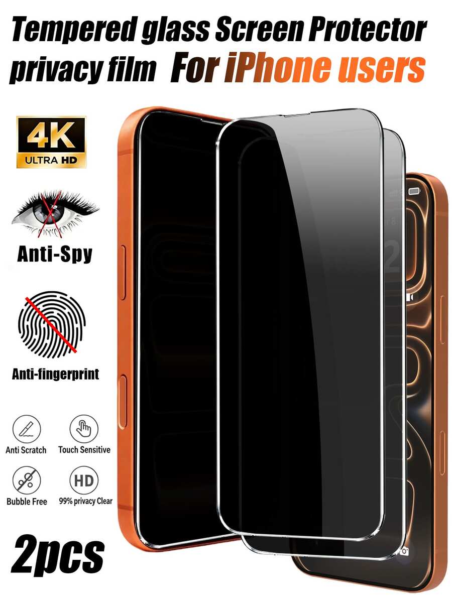 Privacy Privacy Phone Film Phone Screen Protector 2Pcs Privacy Tempered Glass Screen Protector For IPhone 17 ProMax/16/15/14/13/12/11 Anti-Spy Anti-Fingerprint Anti-Scratch Bubble Free Touch Sensitive Phone Film Mother's Day Gift - Black - View 1