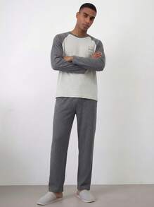 Snug League 2 piezas Conjunto de pijama de hombre de manga larga y cuello redondo de algodón + pantalones, ropa de estar en casa transpirable y que absorbe la humedad para primavera y otoño, ropa de otoño e invierno - Beis - Ver 1