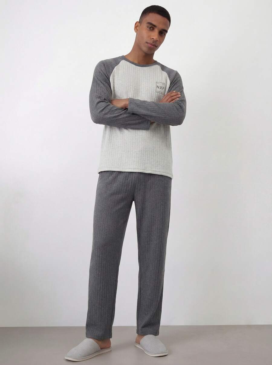 Snug League 2 piezas Conjunto de pijama de hombre de manga larga y cuello redondo de algodón + pantalones, ropa de estar en casa transpirable y que absorbe la humedad para primavera y otoño, ropa de otoño e invierno - Beis - Ver 1