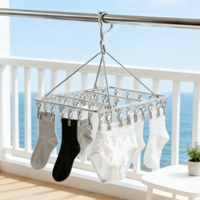 Giá phơi đồ đa năng bằng thép không gỉ, giá phơi tất bằng kim loại đánh bóng, kẹp tất gia dụng dày chắc chắn, dụng cụ phơi đồ lót ban công.