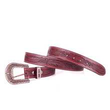 Women's Country Belt Handmade Leather Cowgirl Stonework Printed Feather Buckle Large Rhinestone - 紫紅色 - 查看 6