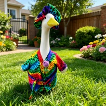23 Inch Porch Goose Outfits Rainbow Leopard Print Bathrobe With Belt 3D Crochet Flower Brooch Pin Set - Multicolor - View 1