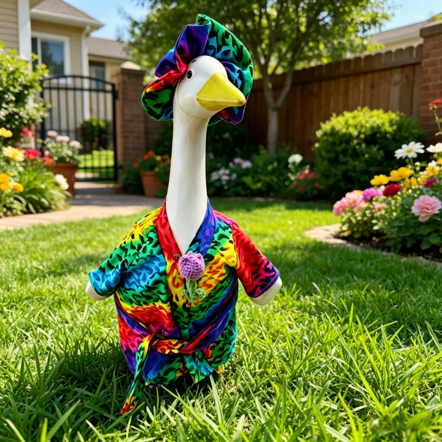 23 Inch Porch Goose Outfits Rainbow Leopard Print Bathrobe With Belt 3D Crochet Flower Brooch Pin Set - Multicolor - View 1