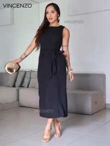 Elegant Women's Tailored Midi Dress With Side Tie - Black - View 3