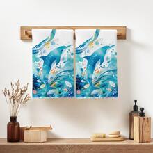 2pcs Cute Watercolor Ocean Dolphin Pattern Kitchen Towels, Soft Polyester Material Dish Cloths, Suitable For Kitchen Decor, Cleaning, Holiday Party Decoration, Kitchen & Bathroom Essentials, Home Decor, Housewarming Gift - Multicolor - View 2