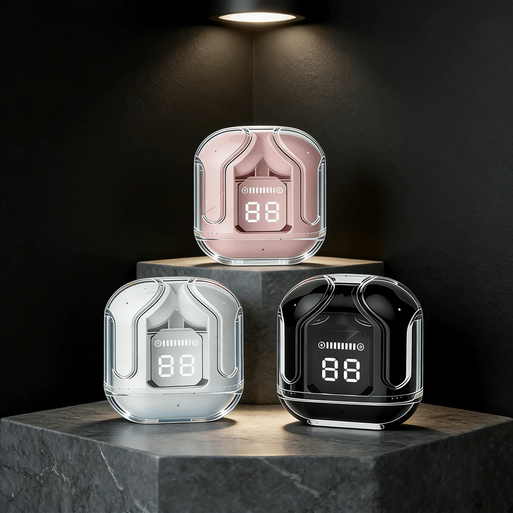 无线耳机，带ENC降噪功能的半透明耳机，HiFi双立体声麦克风迷你入耳式耳机，带充电盒和LED数字显示屏 - 查看 1