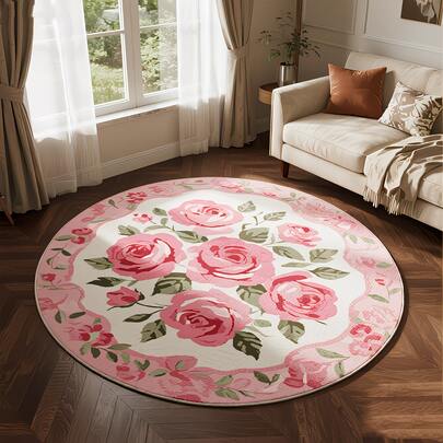 1pc Pink & White Rose Round Decorative Carpet, Bedroom Decor, Small Rug, Carpet, Home Decor, Living Room Carpet, Living Room Small Rug, Bedroom Carpet, Living Room Home Decor, Outdoor Carpet, Washable Plush Carpet, Thick Carpet, Fluffy Carpet, Autumn/Winter Carpet