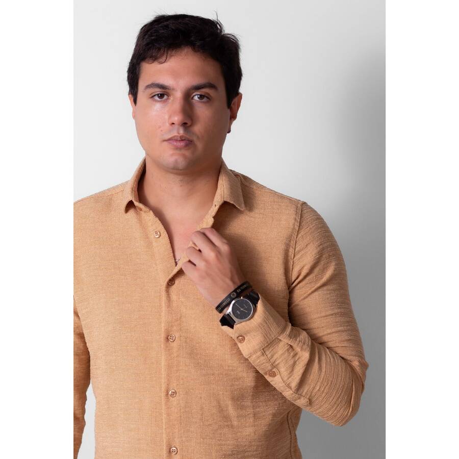 Men's Long-Sleeved Textured Dress Shirt - 黃色 - 查看 1