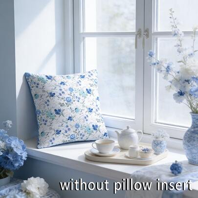 1PC, Multi-Color, Vintage Blue Floral And Foliage Pattern, Elegant Pastoral Style, Flat Printed Throw Pillow Cover, 100% Polyester Fabric, No Pillow Insert Included, Perfect For Adding A Warm And Cozy Atmosphere To Entryways Or Home Spaces.