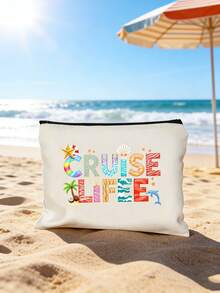 Handbag And Matching Makeup Bag, Beach Sunshine Pattern, Printed With "Sun, Whale, Coconut Tree" Pattern, Simple Shopping Bag, Beige Casual Style, Portable Toiletry Bag, Backpack, Large Capacity, Portable, Suitable For Teenagers, Girls, Women, College Students, White-Collar Workers, Perfect For Work, Back To School, Middle School, High School, University, Holidays, Teacher's Day Gift - Multicolor - View 14