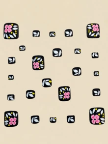 24pcs Black Background Pink Flower Pattern False Nails, Suitable For Hands & Feet, Nail Art Supplies, Short Summer Nails, Y2K Style - Black - View 2