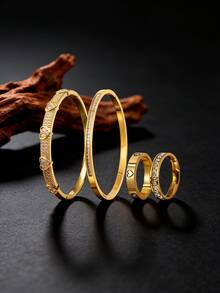 Camhanno 4件套 - 锆石不锈钢爱心首饰套装，不褪色、防刮花手链、戒指，送给女朋友的理想礼物 - 金色 - 查看 2