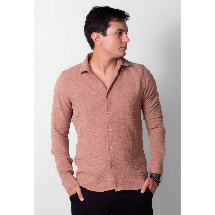Camisa Social Manga Longa Masculina Ternura Texturizada - Marrom Claro - Visão 1