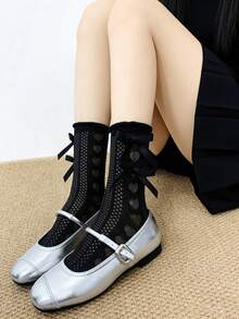 1/3 Đôi tất dài đến bắp chân kiểu Lolita mới mùa xuân/hè, dễ thương, hình trái tim rỗng và nơ. - Nhiều màu - Xem 9