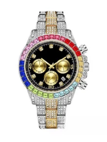 Đồng hồ unisex cao cấp đính kim cương toàn bộ, viền cầu vồng, dây đeo thép mạ vàng, chronograph, máy quartz, phong cách thời trang đường phố hip hop, thiết kế độc đáo, đồng hồ nam quartz, món quà hoàn hảo cho sinh nhật, Ngày Valentine, Ngày của Mẹ, Ngày của Cha. - Nhiều màu - Xem 3