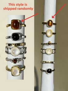 6件套复古优雅彩色宝石及虎眼石镶嵌水钻戒指套装，奢华珠宝礼品 - 彩色 - 查看 3