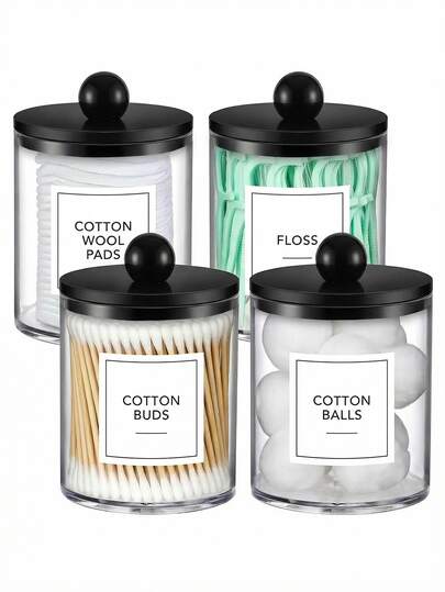 1/4pcs Acrylic Qtip Holder Dispenser,Bathroom Jars With Lid Set For Cotton Swabs,Balls,Pads,Floss,Clear Plastic Canisters Apothecary Jar,Bathroom Essential Makeup Vanity Organizer