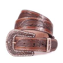 Women's Country Belt Handmade Leather Cowgirl Stonework Printed Feather Buckle Large Rhinestone - Rust Brown - View 1