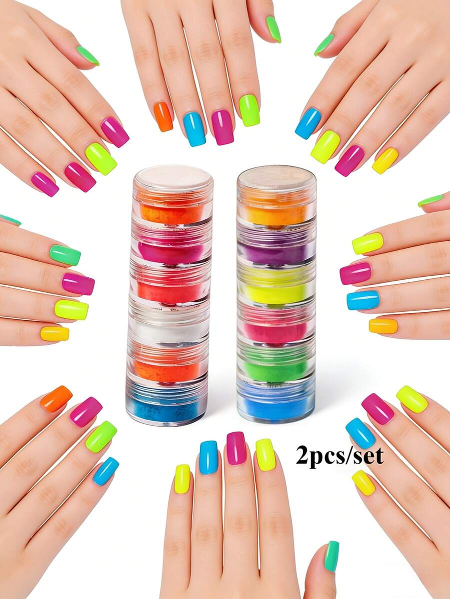 Dofuny 12 couleurs vibrantes Pigment d'ongles néon arc-en-ciel Aurora Poudre néon mate Effet miroir Paillettes nacrées pour manucure sirène - Multicolore - Voir 1