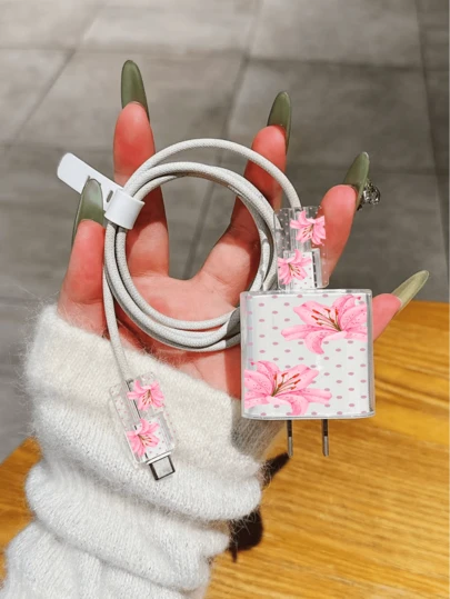 粉色波点芙蓉花图案充电线保护套，兼容20W苹果充电器，简约苹果充电器保护套，适用于20W 15/16 Pro Max充电线，防刮耐磨，适用于13/14 Plus/17/16 PROMAX