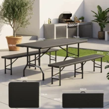 DEVOKO - Juego de muebles de jardín plegables con mesa y 2 bancos, aspecto de ratán HDPE, mesa de comedor impermeable para exteriores, ideal para camping, patio y jardín. - Negro - Ver 8