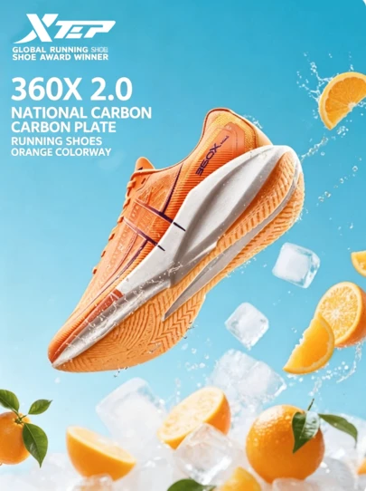  XTEP 360X2.0 Marathon Carbon Plate Running Shoes For Men, Summer Sports Shoes, Shock Absorption, Neon Orange/Black