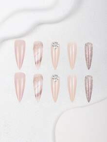 24 Móng Tay Giả Dài Nhọn Màu Nude Lấp Lánh Đính Đá, Móng Tay Giả Acrylic Dành Cho Phụ Nữ và Bé Gái Dự Tiệc Cưới - Nhiều màu - Xem 3