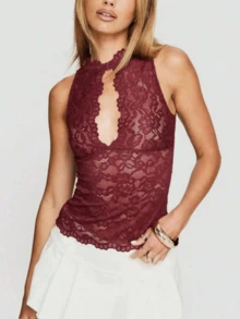 Women's Y2k Floral Lace Sheer Tank Tops Solid Color Sleeveless Mock Neck Cut Out Fitted Camisole Summer Vintage  Cami Tops Aesthetic Clothes Going Out Streetwear - 酒紅色 - 查看 3