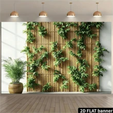 1件装2D平面竹制墙面背景，配人造常绿常春藤叶 - 自然绿色植物装饰，适用于派对、婚礼和各种活动，室内外均可使用，无需电源，涤纶材质，竹制装饰 - A - 查看 3