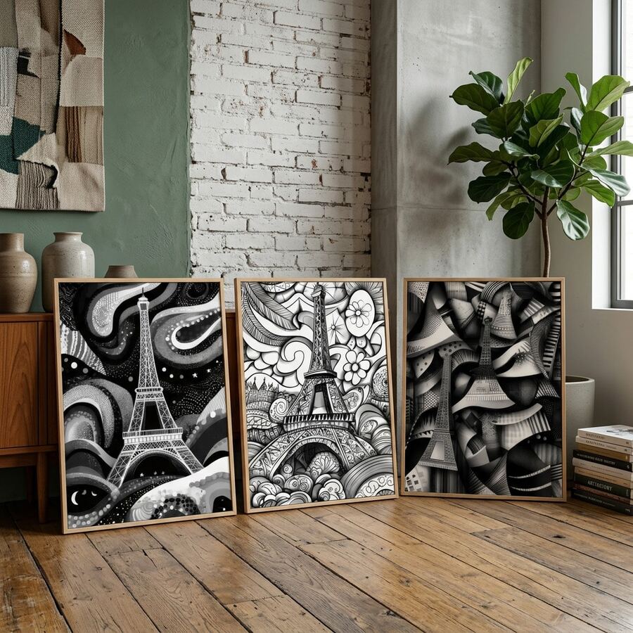3 pezzi, stampa di alta qualità, stile moderno, astratto, bianco e nero, architettura, Torre di Parigi, combinazione, cartellone d'arte da parete, decorazione per la casa, adatto per soggiorno, divano, camera da letto, corridoio, bagno, ufficio, regalo d'arte perfetto, imballaggio in tubo rigido in PVC