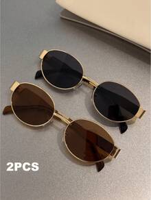 2pcs Metal Frame Oval Retro Fashion Glasses, Fashionable Design For Women, Suitable For Everyday Wear, Traveling & Beach Preppy Style For Back To School - Multicolor - View 2