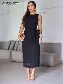 Elegant Women's Tailored Midi Dress With Side Tie - Black - View 1