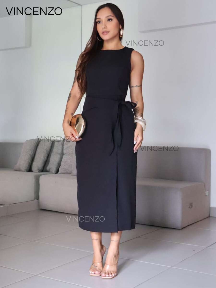 Elegant Women's Tailored Midi Dress With Side Tie - Black - View 1