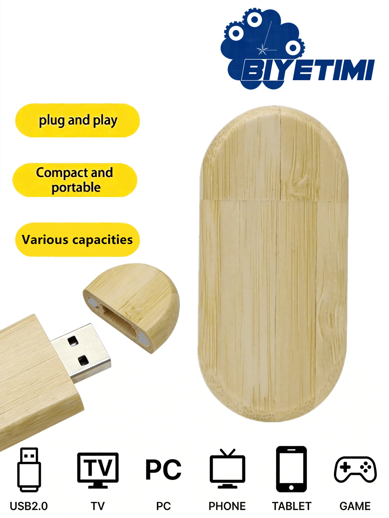 BIYETIMI 32GB 天然竹製 USB 隨身碟,便攜式木製圓帽設計 U 盤,高速數據儲存適用於電腦/筆記型電腦,商務與婚禮禮品的理想選擇 - 查看 1