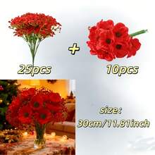 35 bông hoa giả, bao gồm 25 bông hoa baby's breath đỏ và 10 bông hoa cẩm chướng đỏ, thích hợp để trang trí nhà cửa dịp Giáng sinh, làm bó hoa cưới, trang trí lễ hội, có thể dùng để làm vòng hoa Giáng sinh, trang trí bình hoa, trang trí cây thông Noel. Được làm từ chất liệu nhựa, không cần bảo dưỡng, dễ sử dụng. - Đỏ - Xem 3