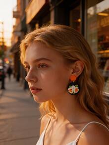 一对软陶山茶花耳环，橙色与原木色撞色设计，适合学生、乡村风、校园日常、春游、朋友聚会、生日派对、音乐节等场合，甜美少女/乡村/多巴胺风格。 - 彩色 - 查看 4