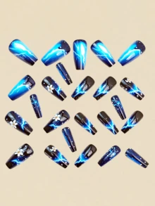 24片蓝色星空花朵可佩戴美甲贴片，假指甲美甲用品，长指甲，Y2K风格美甲，法式美甲，春季美甲 - 藍色 - 查看 3