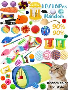 10/16pcs Random Cat Toys Pack, Including Squeaky Ball, Teaser Wand, Assorted Colors & Styles, Suitable For Lively Kittens Interaction, Easily Stimulate Cat's Playfulness - Multicolor - View 10