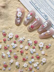 1 Sheet 5D Embossed Flower Nail Stickers, Self-Adhesive Floral Nail Decals, Spring/Summer 3D Colorful Flower Nail Art Supplies For Women Girls, DIY Manicure Decorations - Multicolor - View 4