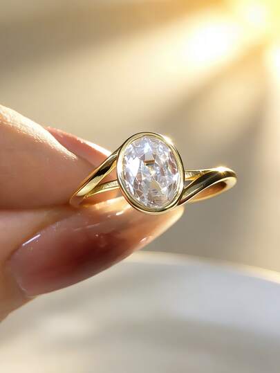 S925 Sterling Silver Oval Zirconia Criss-Cross Design Ring, Quality Jewelry Wedding Engagement Band For Women
