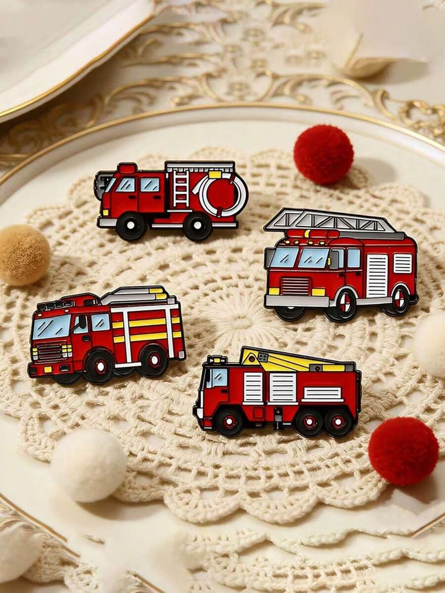 Bộ 4 huy hiệu tráng men hình xe cứu hỏa, huy hiệu xe cứu hỏa màu đỏ, thích hợp để gắn lên ba lô và áo khoác. - Nhiều màu - Xem 1