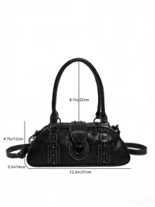 1pc Fashion Snake Skin Black Shoulder Bag, Stylish PU Material Boston Bag, Retro Motorcycle Bag Suitable For Shopping And Sports Use - Multicolor - View 8