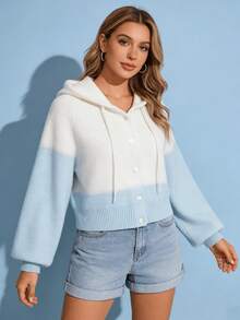 Suéter informal con capucha y bloques de color rosa y blanco para mujer. Cárdigan de manga larga acogedor con botones, perfecto para otoño/invierno. Corte holgado. Suéter de manga larga. - azul real - Ver 11