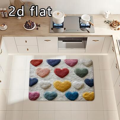 1pc/2pcs/3pcs Flat Heart-Shaped Kitchen Mat, Non-Slip And Easy To Clean, Suitable For Living Room, Bedroom, Kitchen, Bathtub Shower Area, Bathroom Decor Mat, Washable And Absorbent Bathroom Mat
