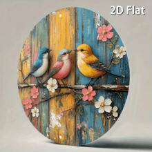 Placa de metal redonda 2D plana, peça única, estilo fazenda, com pássaros coloridos e flores. Decoração moderna e rústica sem moldura para casa, escritório, sala de jantar, garagem, café. Furos pré-perfurados. Tamanho conforme mostrado na imagem. - multicolorido - Ver 3
