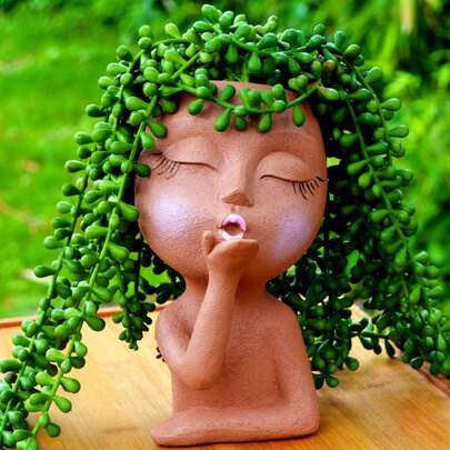 Brown Smiling Face Planter, Suitable For Indoor And Outdoor Use, Cute Girl Statue Flower Pot, Decorative Vase With Female Face, Succulent Plant Garden Pot With Drainage Hole