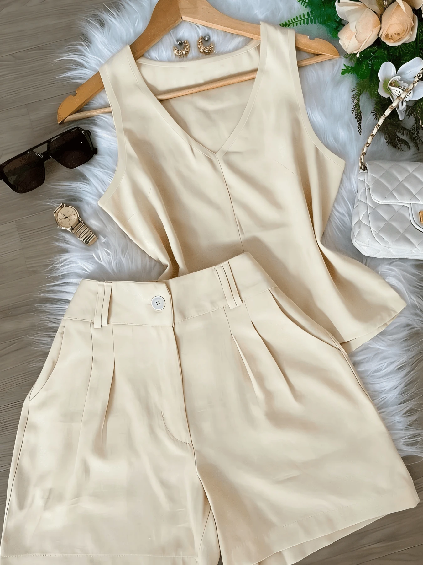 Women's 2 Piece Outfit Summer, V Neck Sleeveless Tank Top & High Waisted Shorts Set, Casual Two Piece Matching Sets For Vacation,Summer Women's Casual 2 Piece Outfits, V Neck Sleeveless Tank Top & High Waist Pleated Shorts Set, Fashion Matching Sets For Beach Vacation - Màu be - Xem 1