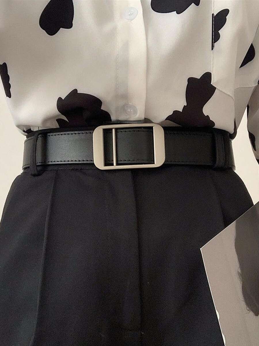 1条无扣腰带，男女通用休闲简约腰带，黑色PU材质 - 黑色 - 查看 1